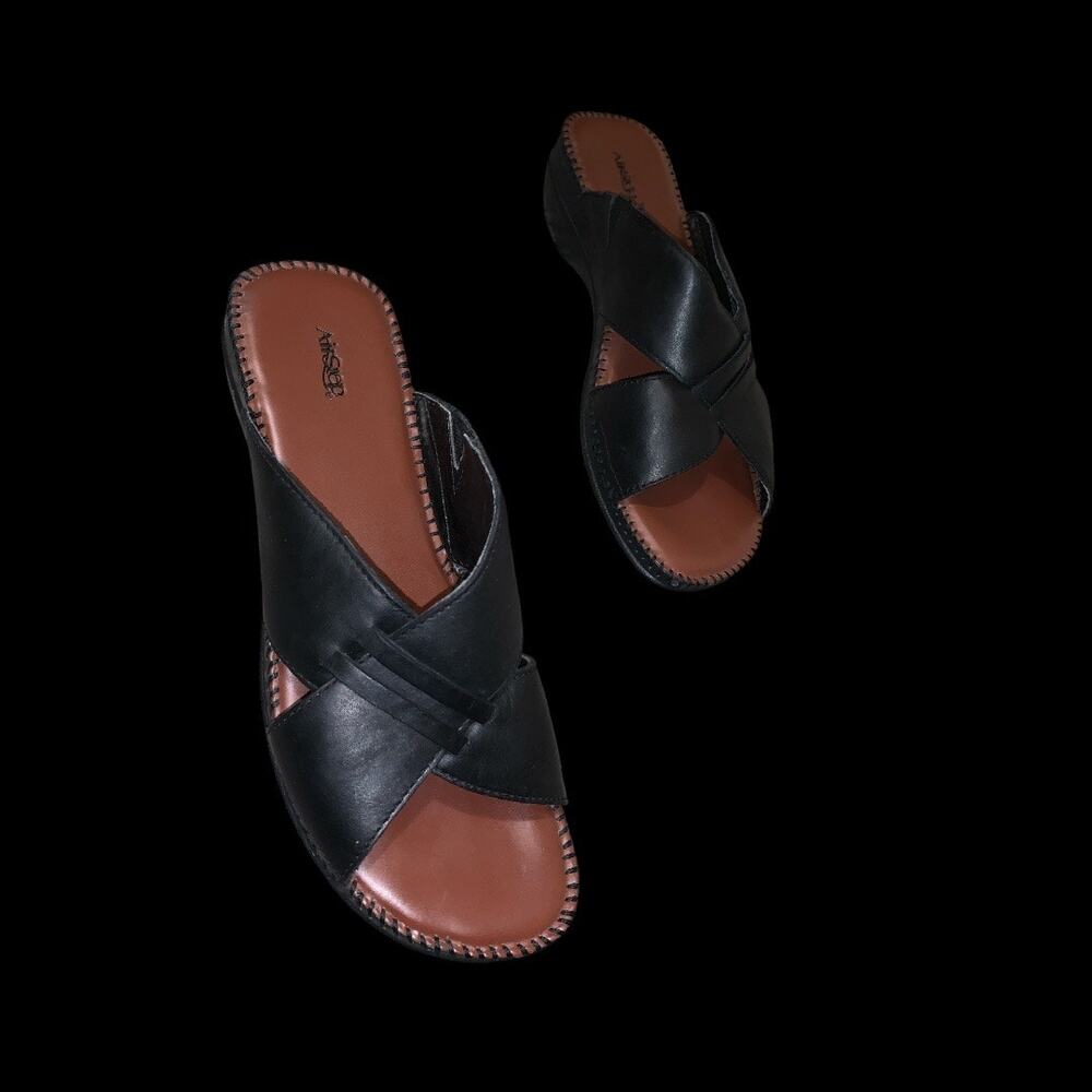 AirStep Black Leather Slide Sandals Women’s Comfort Slip On Wedge Size 9W